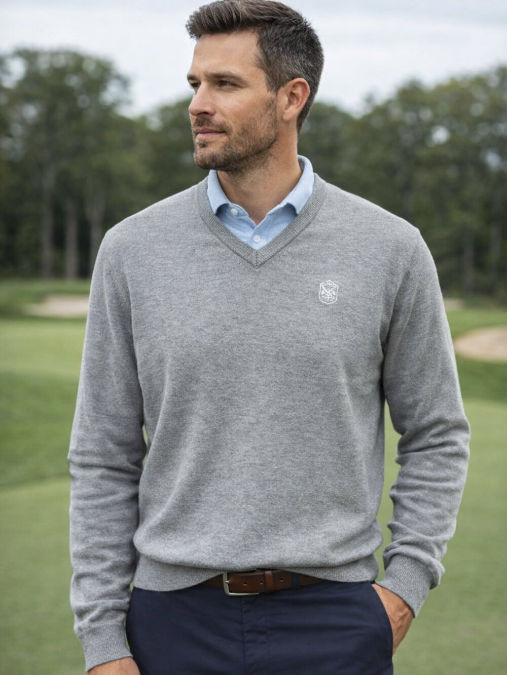 Peter Millar Mens Large Gray Merino Wool V-Neck Sweater Deepdale Golf Club